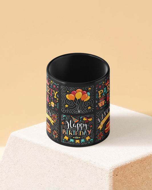 Happy Birthday Party Pattern Full Black Printed Coffee Mug
