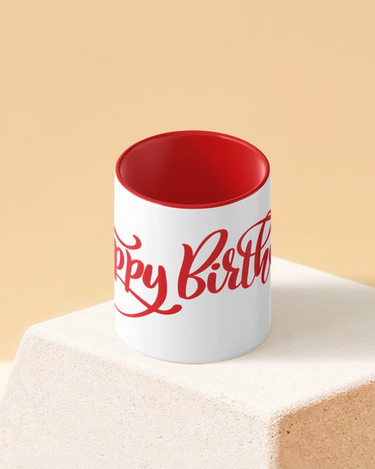 Happy Birthday Calligraphy Duotone Red White Printed Coffee Mug