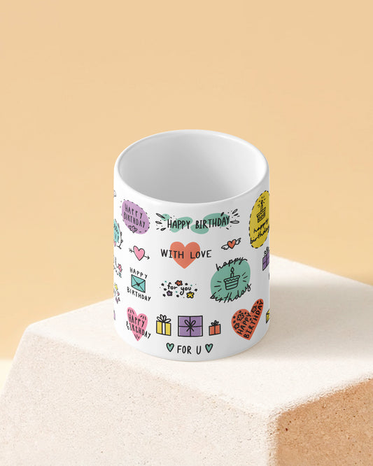 Happy Birthday Pastel Icons Full White Printed Coffee Mug