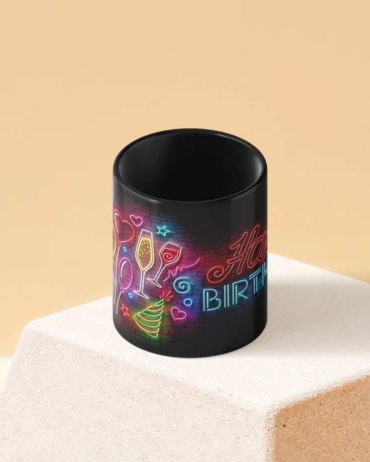 Happy Birthday Neon Lights Full Black Printed Coffee Mug