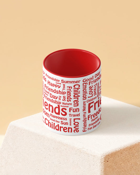 Friends Word Cloud Duotone Red White Printed Coffee Mug