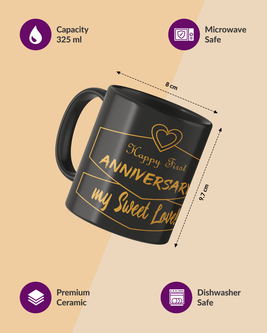 Happy First Anniversary Full Black Printed Coffee Mug