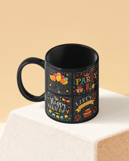 Happy Birthday Party Pattern Full Black Printed Coffee Mug
