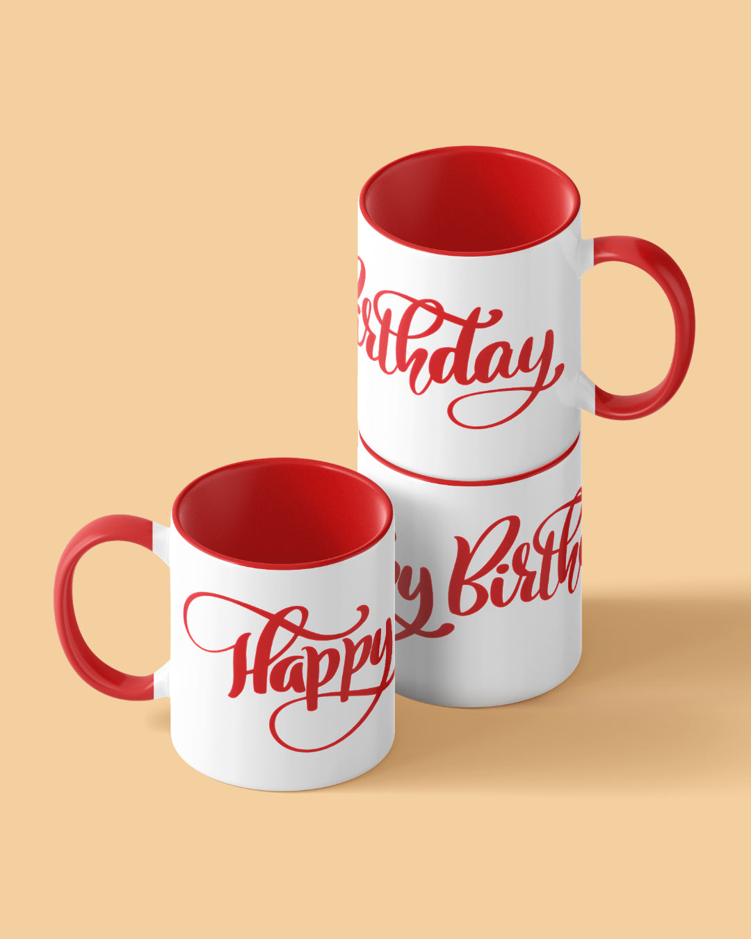 Happy Birthday Calligraphy Duotone Red White Printed Coffee Mug