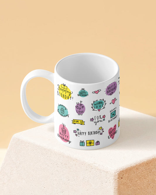 Happy Birthday Pastel Icons Full White Printed Coffee Mug