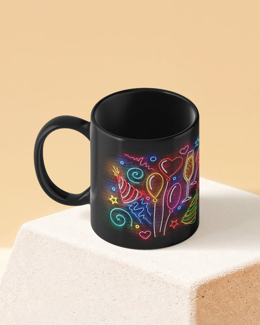 Happy Birthday Neon Lights Full Black Printed Coffee Mug