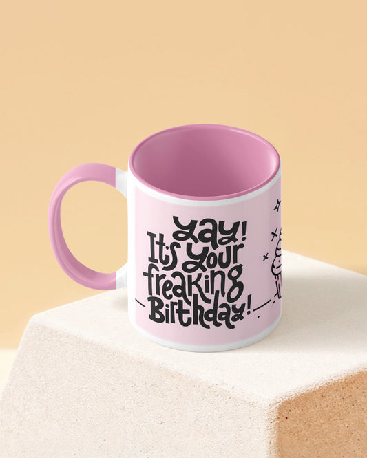 Cute Happy Birthday Duotone Pink White Printed Coffee Mug