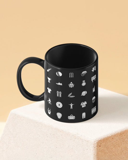 Cricket Icono Pattern Full Black Printed Coffee Mug