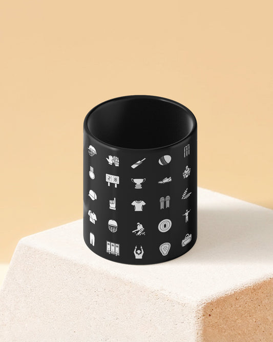 Cricket Icono Pattern Full Black Printed Coffee Mug