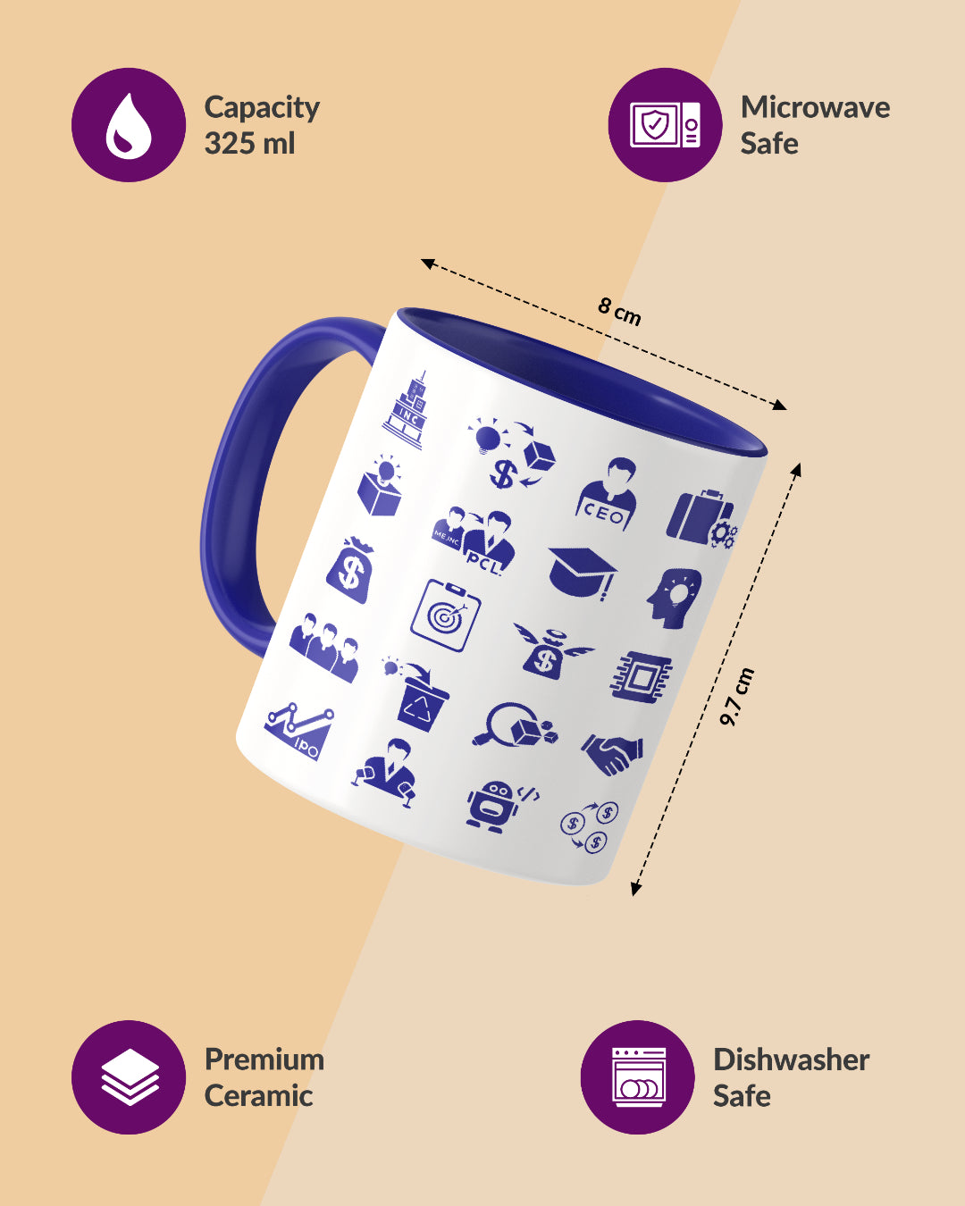 Startup Icono Pattern Duotone Blue White Printed Coffee Mug