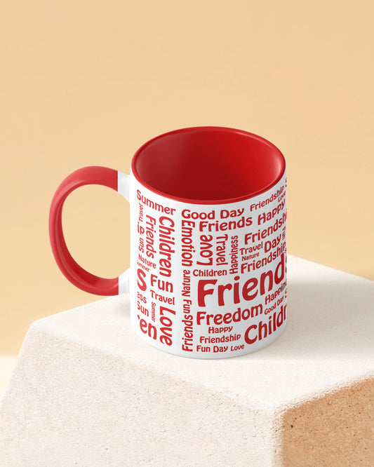 Friends Word Cloud Duotone Red White Printed Coffee Mug