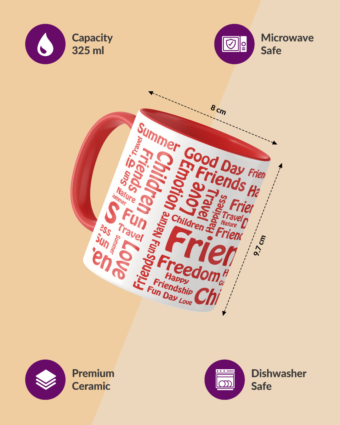 Friends Word Cloud Duotone Red White Printed Coffee Mug