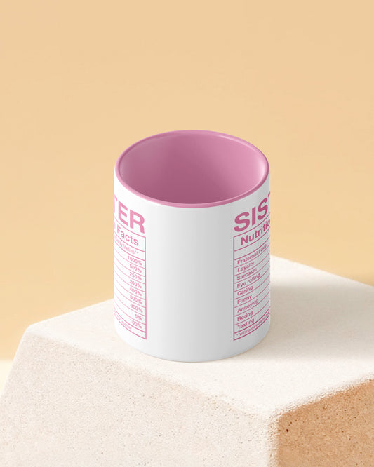 Sister Nutritional Facts Duotone Pink White Printed Coffee Mug