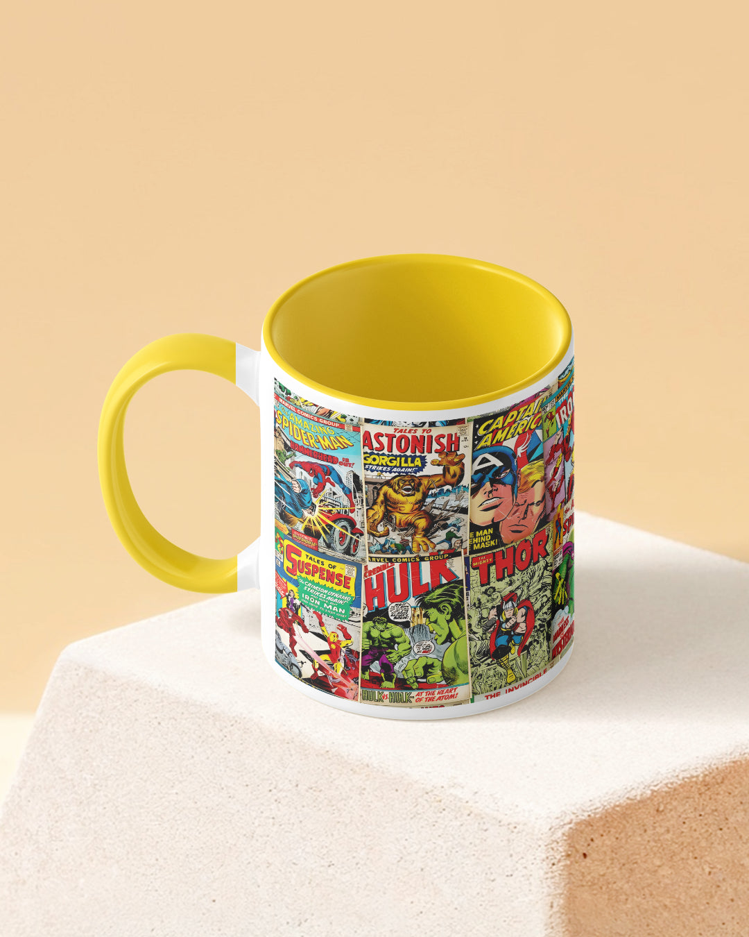 Marvel Comic Covers Duotone Yellow White Printed Coffee Mug
