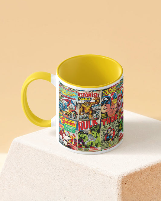 Marvel Comic Covers Duotone Yellow White Printed Coffee Mug