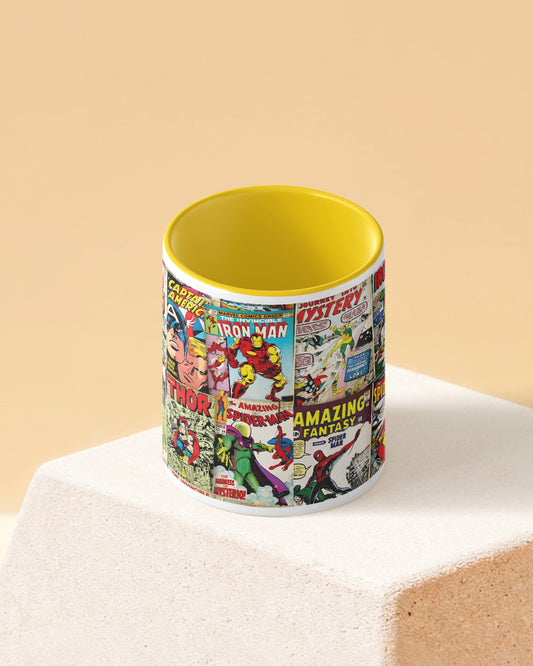 Marvel Comic Covers Duotone Yellow White Printed Coffee Mug