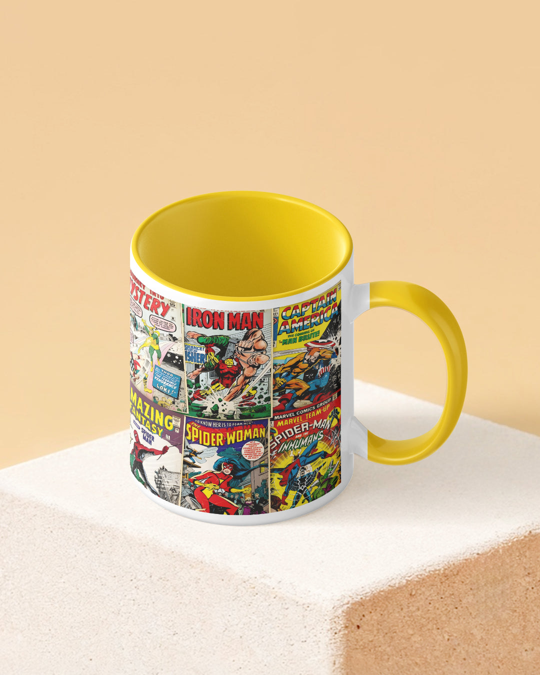 Marvel Comic Covers Duotone Yellow White Printed Coffee Mug