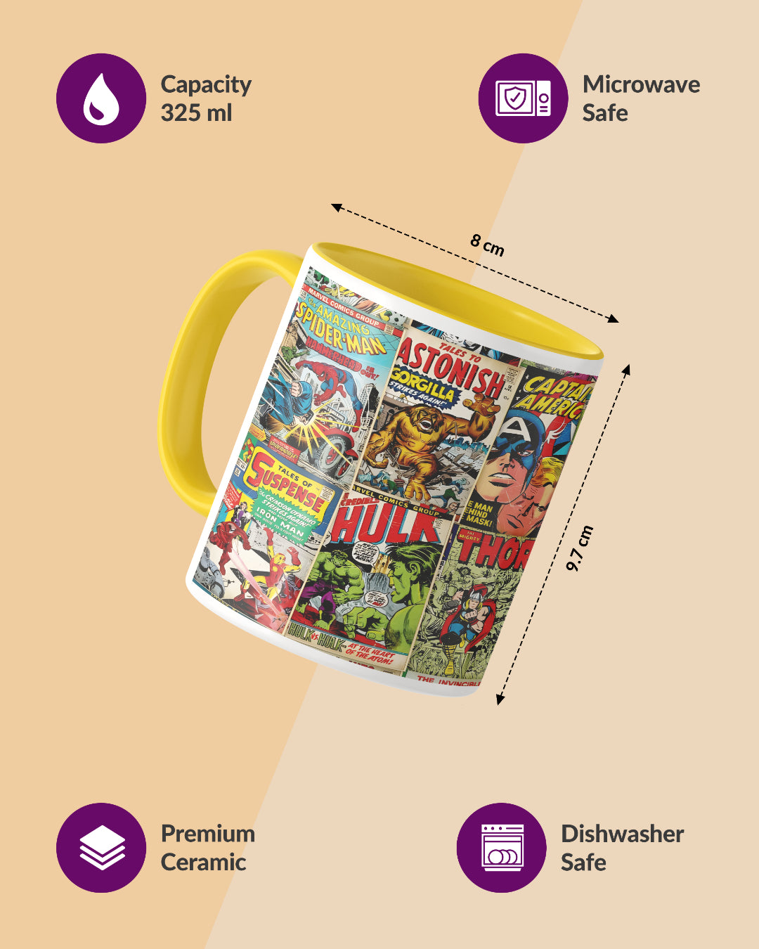 Marvel Comic Covers Duotone Yellow White Printed Coffee Mug