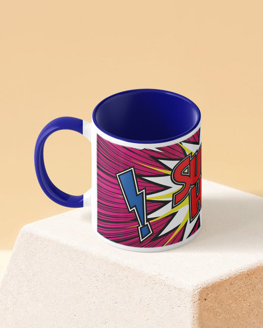 Superhero Comic Style Duotone Blue White Printed Coffee Mug
