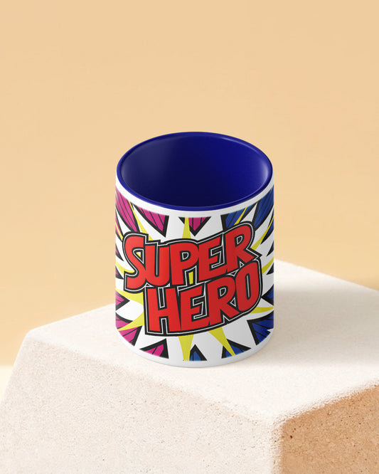 Superhero Comic Style Duotone Blue White Printed Coffee Mug